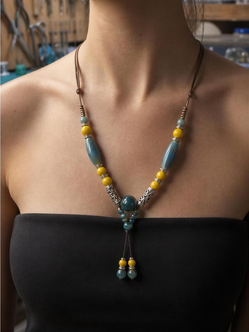 Handcrafted Turquoise & Yellow Bead Necklace - Women Jewelry